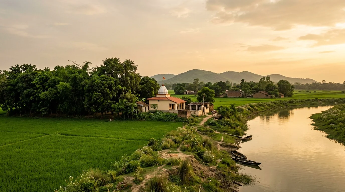 Illustrative rural Bihar landscape with a temple, green fields, and a peaceful river